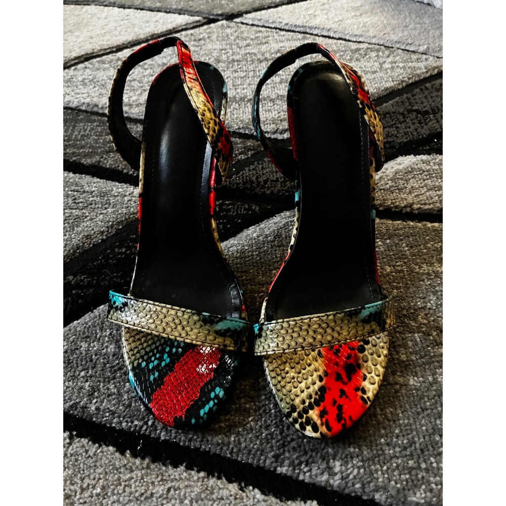 Multi Color Snakeskin Print Slingback Stiletto Heels Sandals Size 38